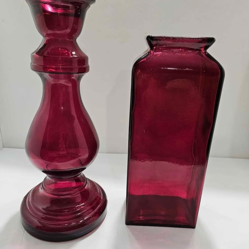 Elegant Burgundy Glass Vase with Matching Candle Holder - Picture 3 of 3